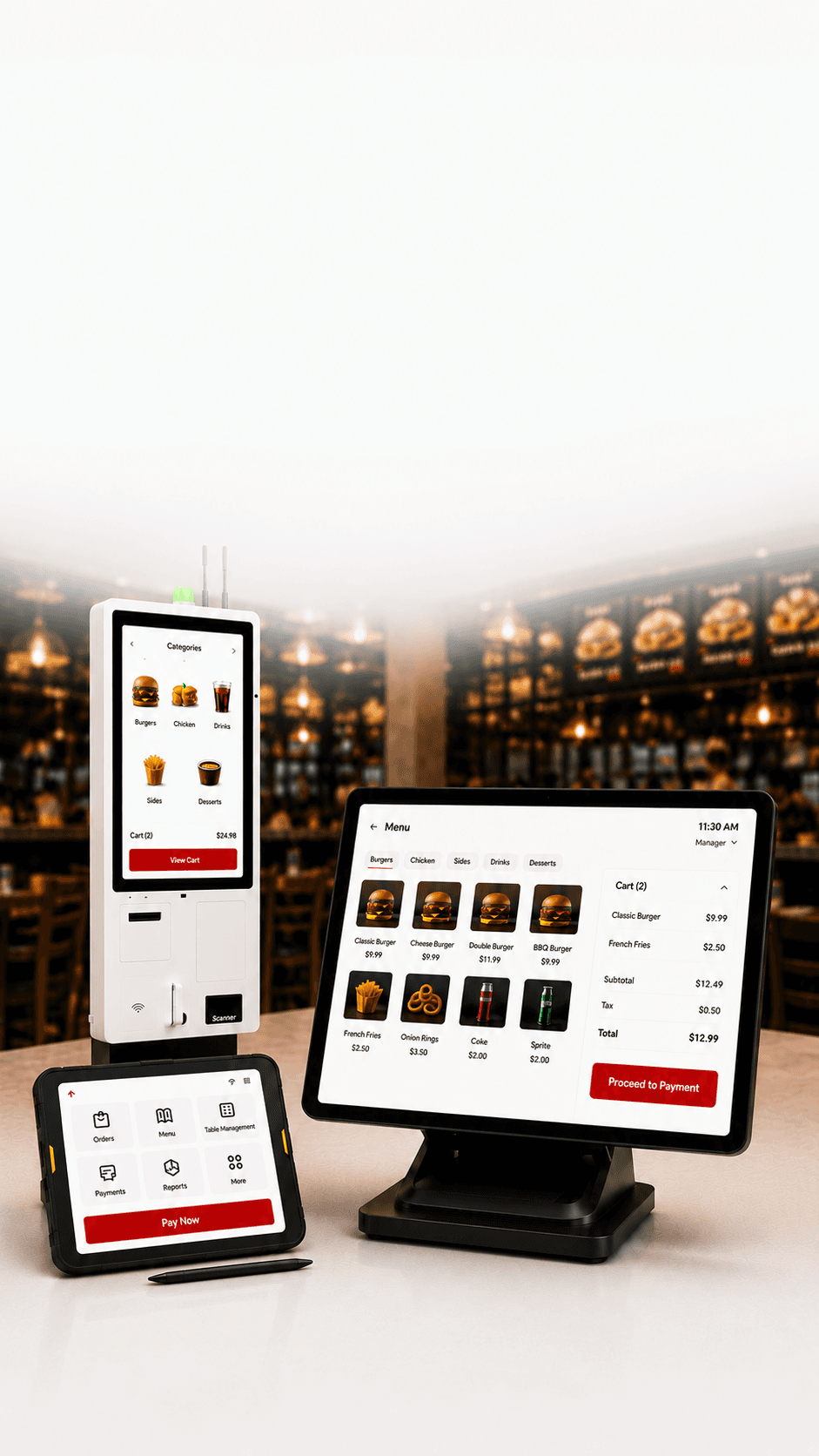 POSMena POS, self-service kiosk, and tablet POS in a restaurant