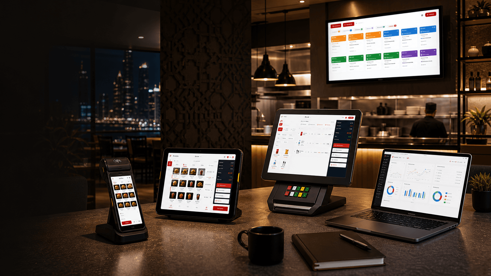 POSMena operations workspace with POS terminals, kitchen display, tablet POS, and reporting screens