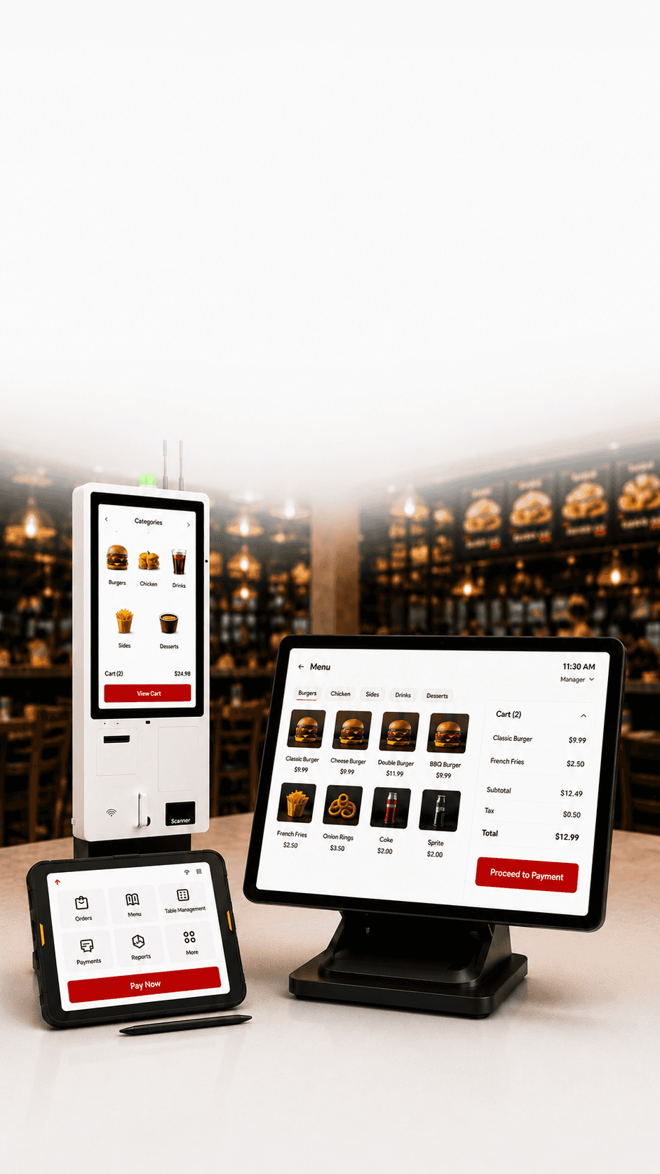 POSMena POS, self-service kiosk, and tablet POS in a restaurant