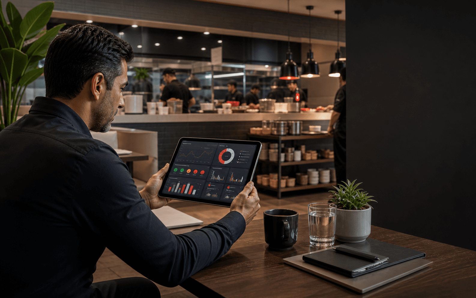 Manager reviewing AI customer-feedback analytics on a tablet