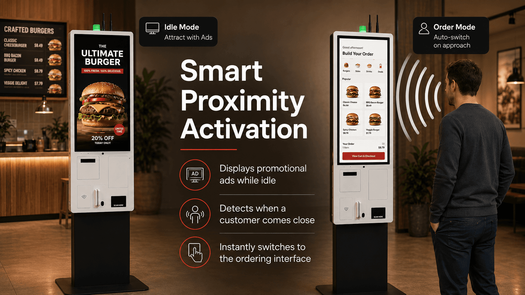 POSMena kiosk showing idle ad mode on left and auto-switched ordering mode on right when customer approaches