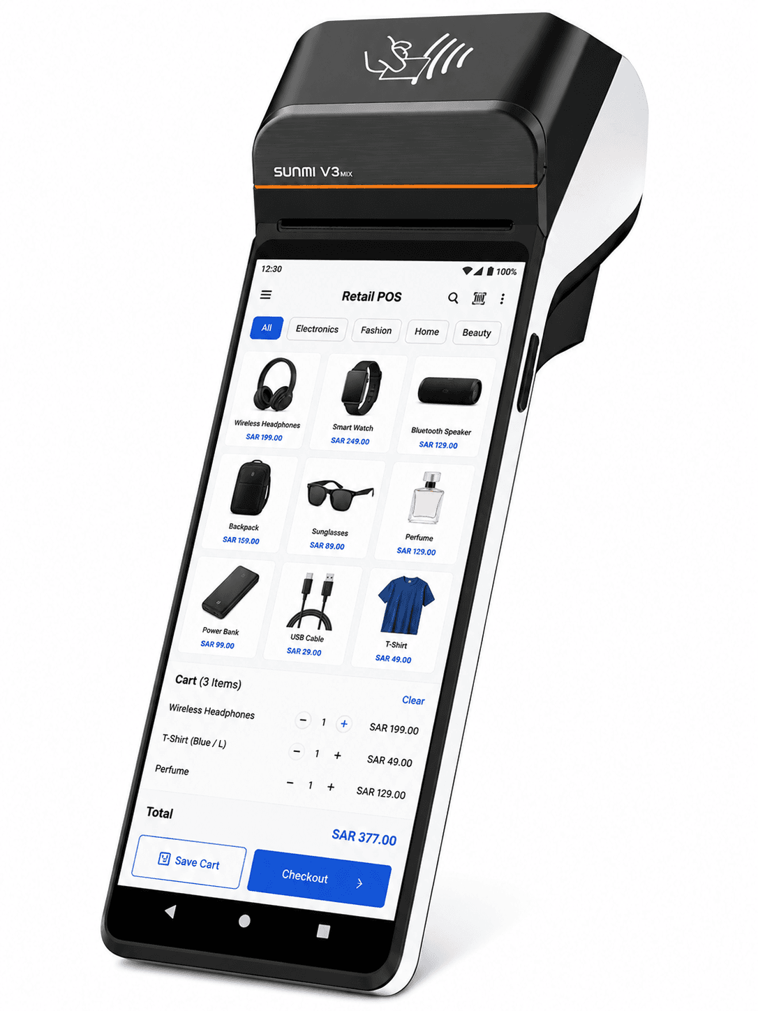POSMena handheld POS device showing retail mode with electronics products and shopping cart