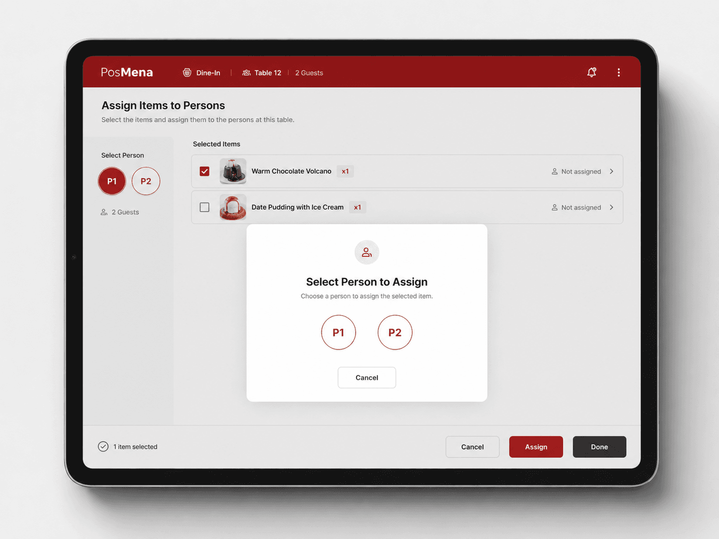 POSMena assign items to persons screen showing guest selection and per-item assignment