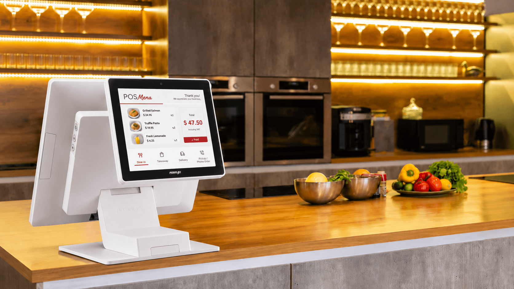 POSMena Windows POS at a retail counter showing the checkout screen and connected hardware