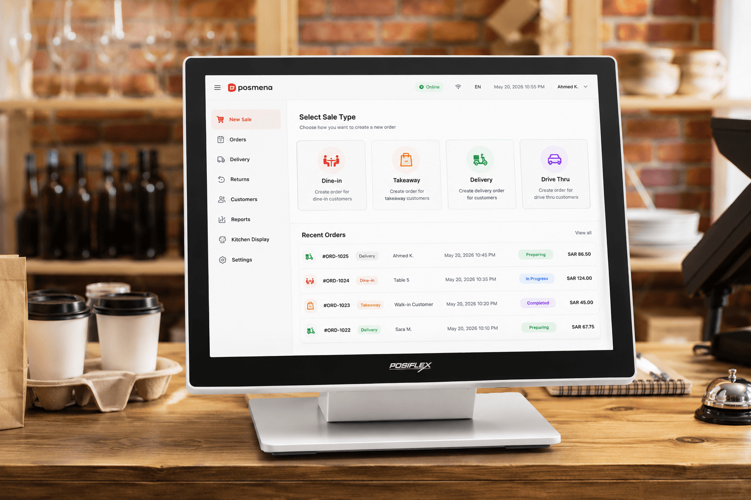 POSMena retail reporting dashboard on a Windows POS terminal showing live sales and inventory metrics across branches